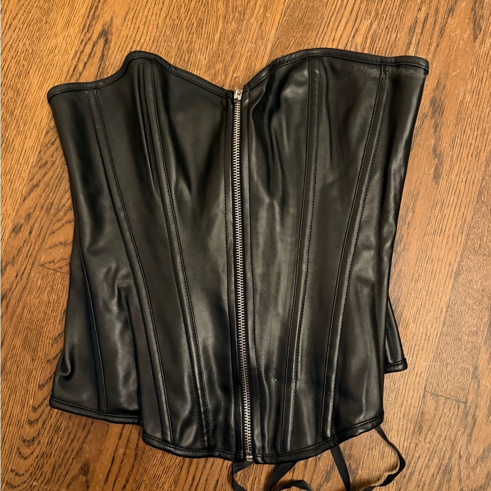 Black “Leather” Zip Front Corset Top, L